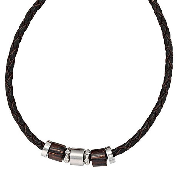 SIGO Collier Halskette Leder schwarz mit Edelstahl und Holz 45 cm Kette Led günstig online kaufen