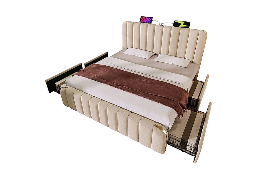Flieks Polsterbett, Doppelbett 140x200cm mit USB/Typ-C Ladefunktion und 4 S günstig online kaufen
