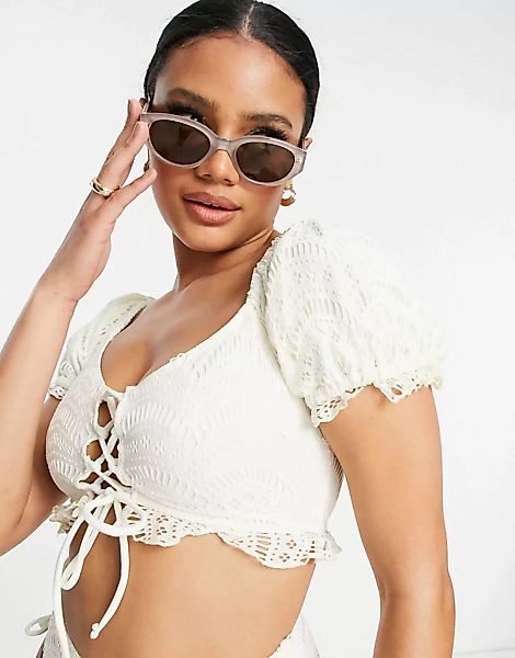 ASOS DESIGN – Häkel-Bikini im Milchmädchen-Stil mit Schnürung in Elfenbeinw günstig online kaufen
