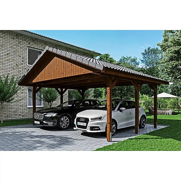 Satteldach-Carport Wallgau Nussbaum 620 x 500 cm Dachlattung günstig online kaufen