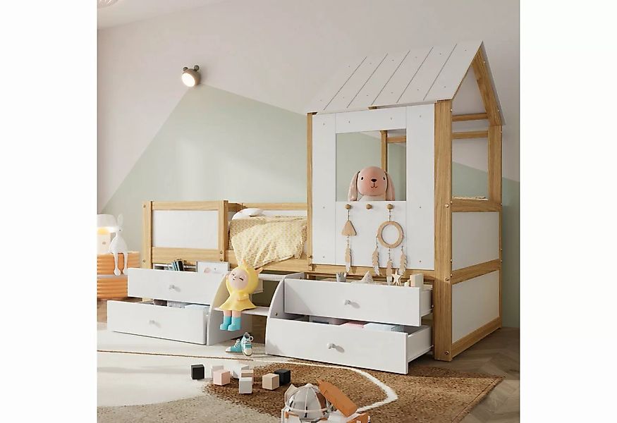 Flieks Hochbett Kinderbett Hausbett 90x200cm mit 4 Schubladen und kleine Tr günstig online kaufen