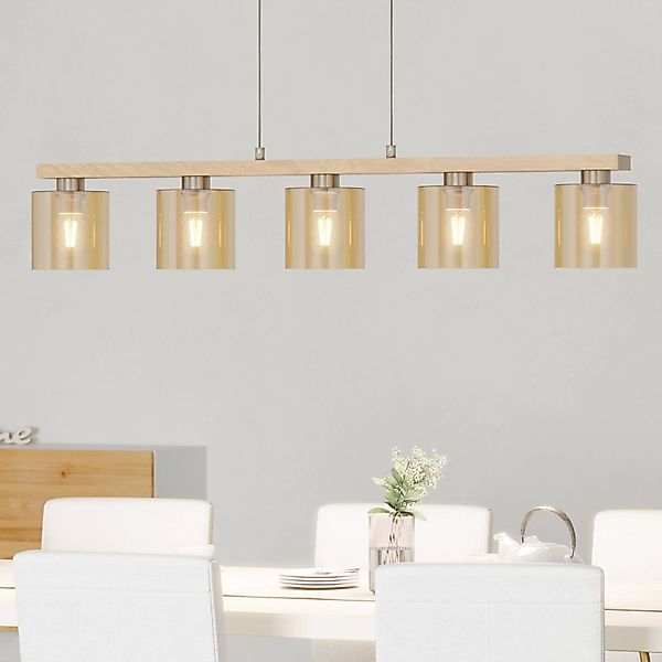 Hängelampe Castralvo, Länge 115 cm, holz/amber, 5-flg., Glas günstig online kaufen