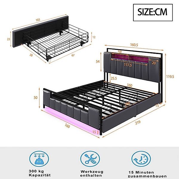 BlingBin Polsterbett Doppelbett 140/160 x200 cm mit LED-Licht und USB-Steck günstig online kaufen