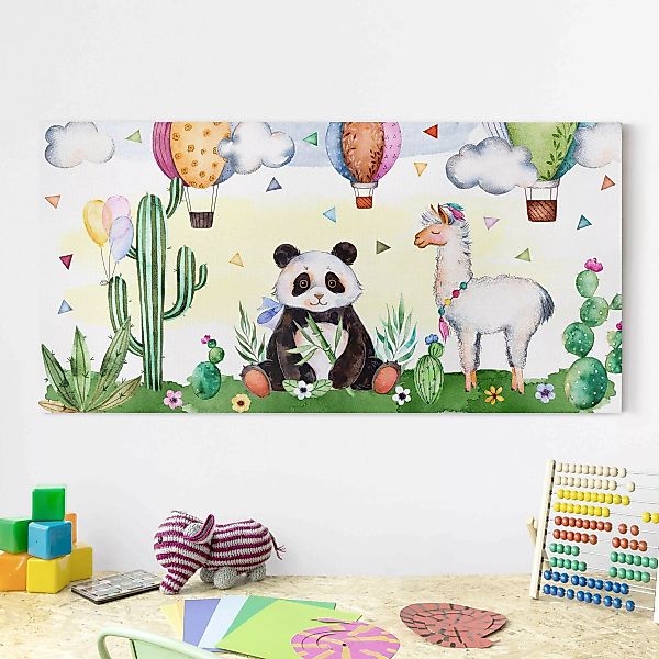 Leinwandbild Kinderzimmer - Querformat Panda und Lama Aquarell günstig online kaufen