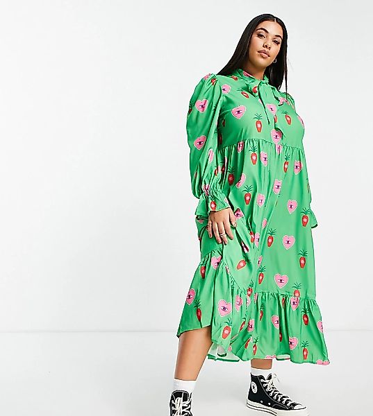 Never Fully Dressed Plus – Maxi-Hängerkleid in Smaragdgrün mit Herzmuster günstig online kaufen