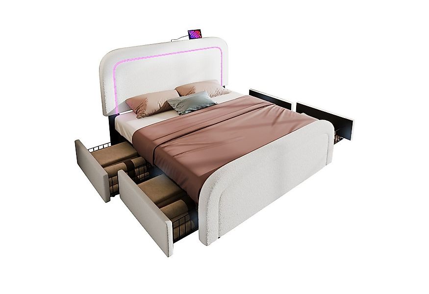Flieks Polsterbett, LED Holzbett mit Ladefunktion und Schubladen 140x200cm günstig online kaufen