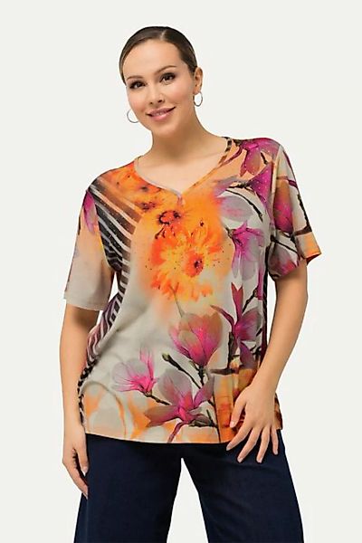 Ulla Popken Rundhalsshirt T-Shirt Blüten Ziersteine Tunika-Ausschnitt günstig online kaufen