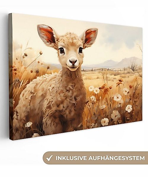 OneMillionCanvasses® Leinwandbild Vintage - Schaf - Lamm - Blumen - Natur - günstig online kaufen