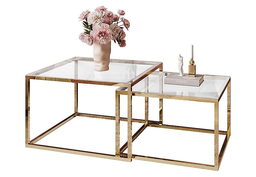 Lookway Couchtisch YOSHI GLASS 2in1 mit Goldenem Chromgestell (2er-Set), Br günstig online kaufen