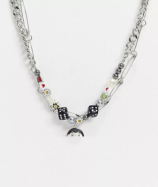 ASOS DESIGN – Silberne, mehrreihige Halskette mit Perlen- und Sicherheitsna günstig online kaufen