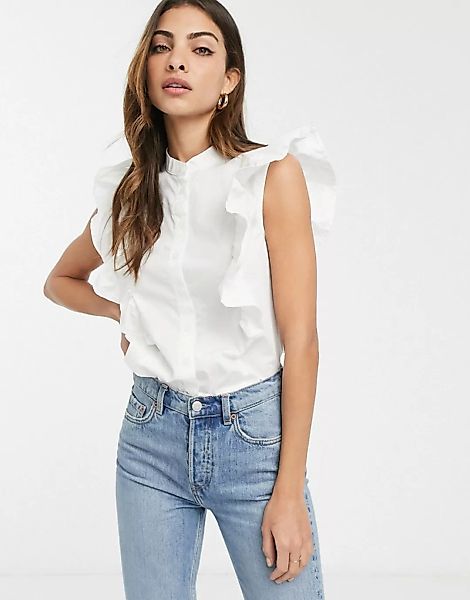 ASOS DESIGN – Ärmelloses Hemd mit Rüschen aus weißer Baumwolle günstig online kaufen