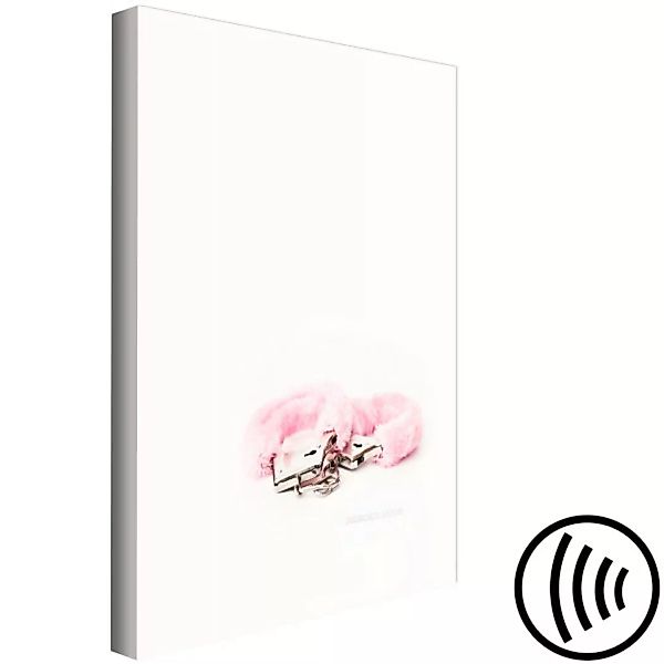 Bild auf Leinwand Rosa Pelz-Handschellen - minimalistisches Foto auf weißem günstig online kaufen