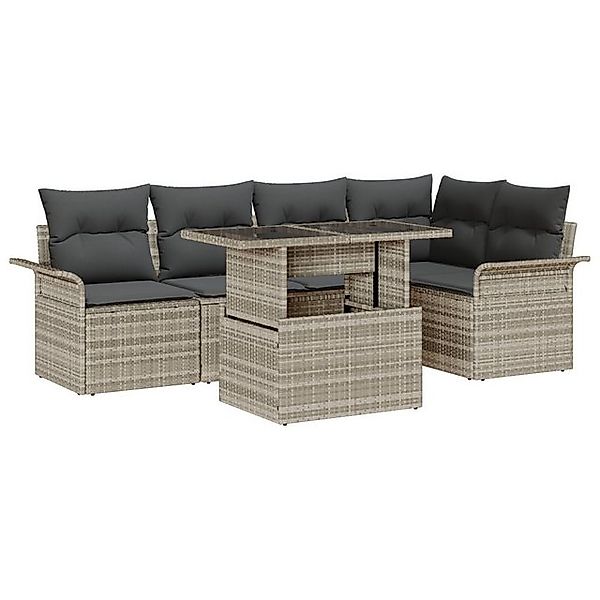 vidaXL Loungesofa 6-tlg. Garten-Sofagarnitur mit Kissen Hellgrau Poly Ratta günstig online kaufen
