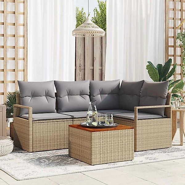 vidaXL Garten-Sofa-Set mit Kissen 5-Tlg Beige Poly Rattan 3347700 günstig online kaufen