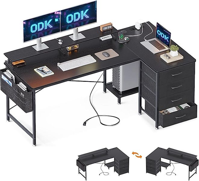 ODK Eckschreibtisch L-Form mit 4 Schubladen, 2 USB Ladeanschlüssen & 2 Stec günstig online kaufen