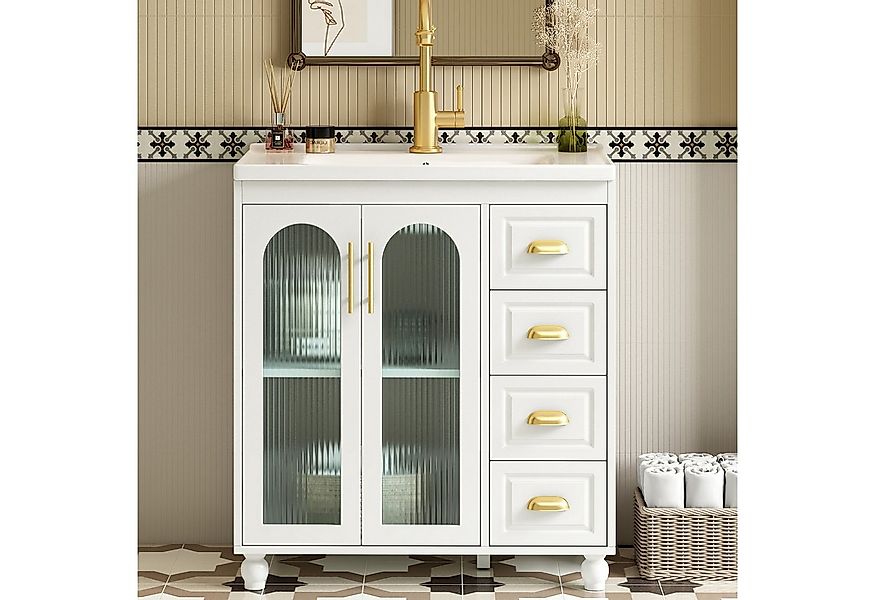 Flieks Waschtisch mit 3 Schubladen und 2 Glastüren Weiß (B80/T47/H90 cm, 1- günstig online kaufen