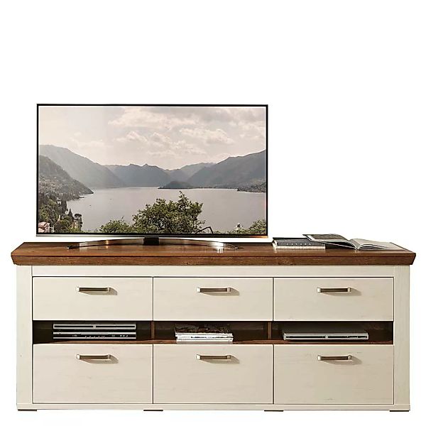 Landhaus TV-Board in Wildeiche dunkel und Weiß Soft Close günstig online kaufen