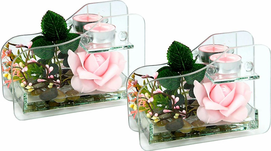 Kunstpflanze Rose im Glas mit Teelicht günstig online kaufen