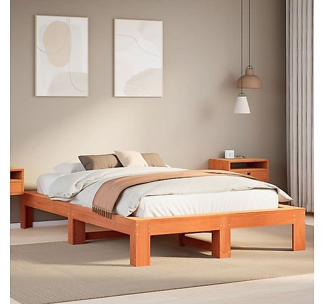 vidaXL Bett, Massivholzbett ohne Matratze Wachsbraun 135x190 cm Kiefernholz günstig online kaufen