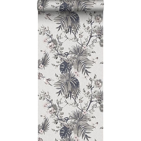 Sanders & Sanders Tapete Tropische Dschungelblätter Und Paradiesvögel Grau günstig online kaufen