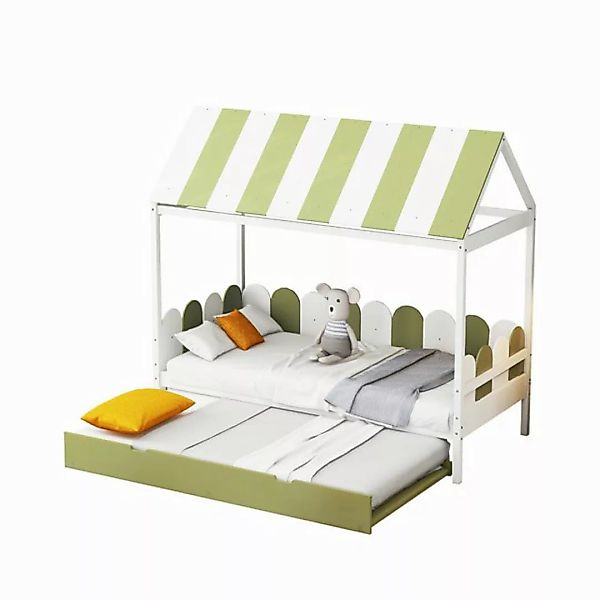 Flieks Kinderbett, Massivholz Hausbett Einzelbett mit Dach und Ausziehbett günstig online kaufen