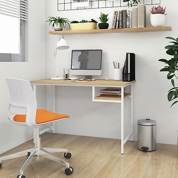 Computertisch Weiß Und Eiche Hell 105x55x72 Cm Mdf Und Metall günstig online kaufen
