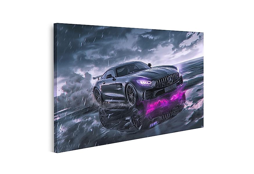 islandburner Leinwandbild, Mercedes im Gewitter mit lila Neonlicht günstig online kaufen
