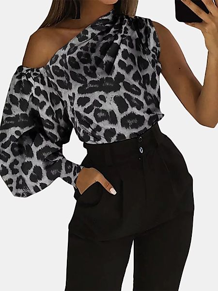 Von der Schulter zerknittertes asymmetrisches Leopardenhemd Sexy günstig online kaufen