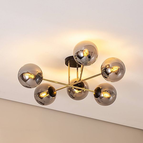 Deckenleuchte Glassy, 6-flg., schwarz/gold/grafit günstig online kaufen