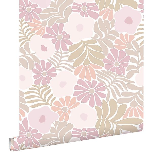 ESTAhome Tapete Blumen im Matisse-Stil Helllila Grün und Orange 50 x 900 cm günstig online kaufen