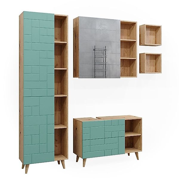 Vicco Badmöbel-Set Rudi, Mintgrün/Eiche, 5 Teile, günstig online kaufen