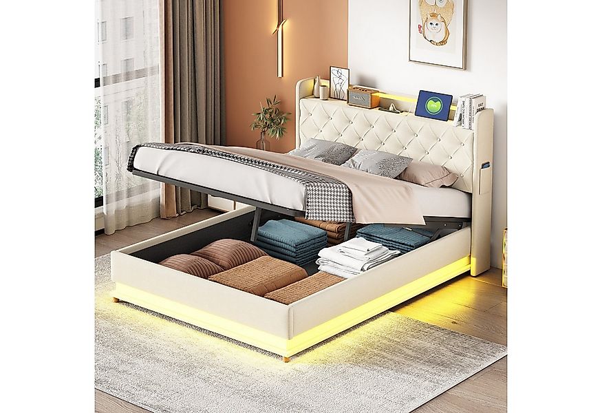 Flieks Polsterbett, LED Hydraulisches Stauraumbett Doppelbett mit Ladefunkt günstig online kaufen