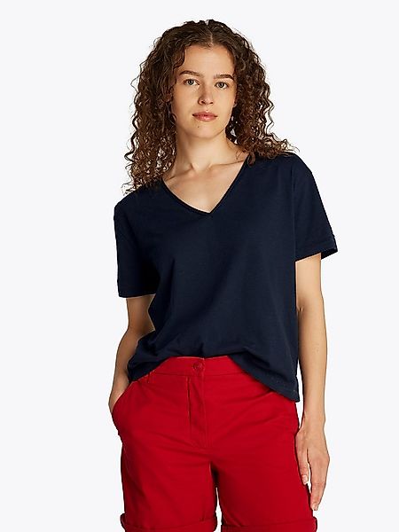 Tommy Hilfiger T-Shirt SLUB CROP V-NK SS mit offener Kante, mit Logosticker günstig online kaufen