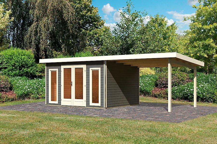 Karibu Gartenhaus "Rabensee 2" mit Anbaudach 3,3 m, terragrau günstig online kaufen