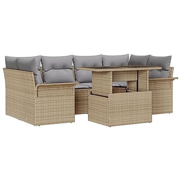 vidaXL Loungesofa 7-tlg. Garten-Sofagarnitur mit Kissen Beige Poly Rattan, günstig online kaufen