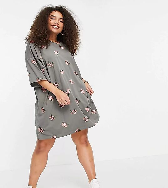 ASOS DESIGN Curve – T-Shirt-Kleid in Oversize-Passform mit durchgehender Bl günstig online kaufen