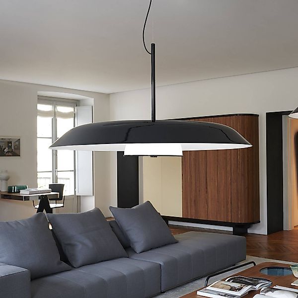 Oluce LED-Hängelampe Iride, Ø 85 cm, schwarz, Metall, Glas günstig online kaufen