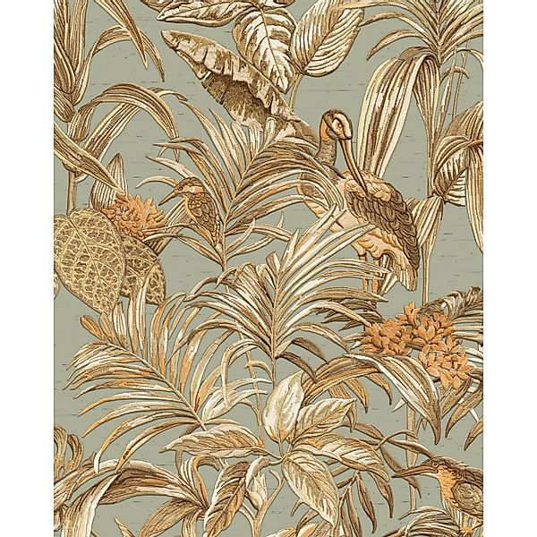 PROFHOME DE120017-DI Vogel Tapete Vogelmuster glänzend Blau Gold Kupfer 0,5 günstig online kaufen