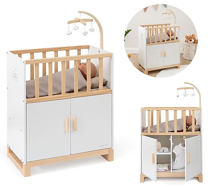 ELLA & PIET® Puppenbett COZY mit Schrank und Mobile aus Holz (Weiß-Schlamm) günstig online kaufen