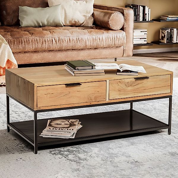 FINEBUY Couchtisch FB105409 Sofatisch 90 cm Massivholz Schubladen Wohnzimme günstig online kaufen