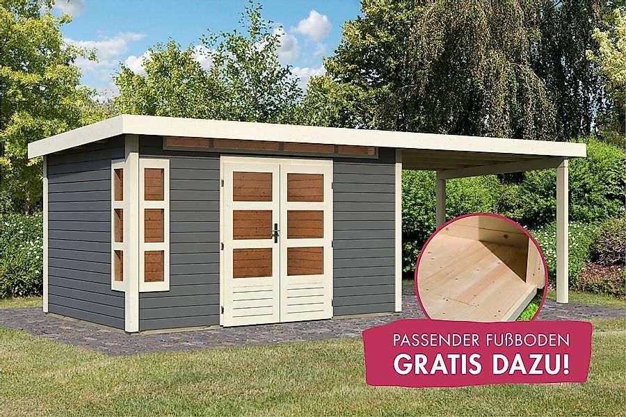 Karibu Gartenhaus "Kolimasee 7" mit Anbaudach 3,2 m, terragrau günstig online kaufen