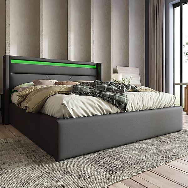 Doppelbett, mit hydraulisches System, LED-Beleuchtung mit Fernbedienung, ge günstig online kaufen