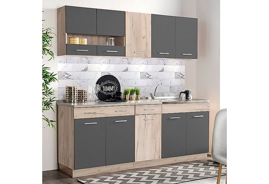 Homestyle4u Küchenzeile 200 cm ohne Geräte Grau matt Eiche Singleküche Küch günstig online kaufen