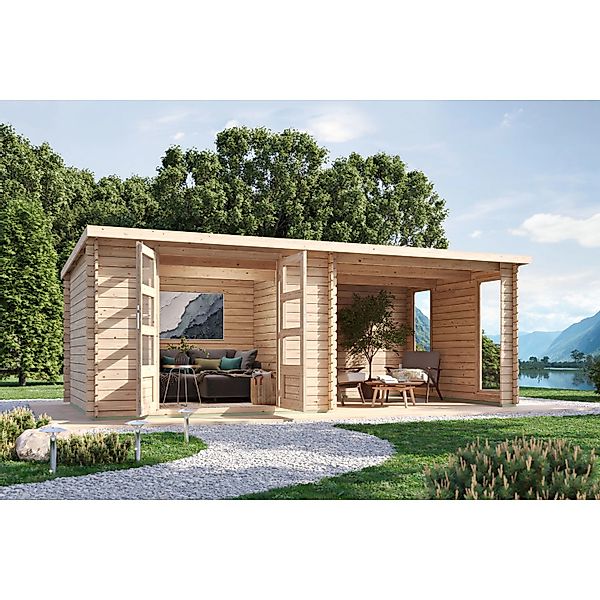 Karibu Gartenhaus Dortmund Set mit Anbaudach und Terrasse günstig online kaufen