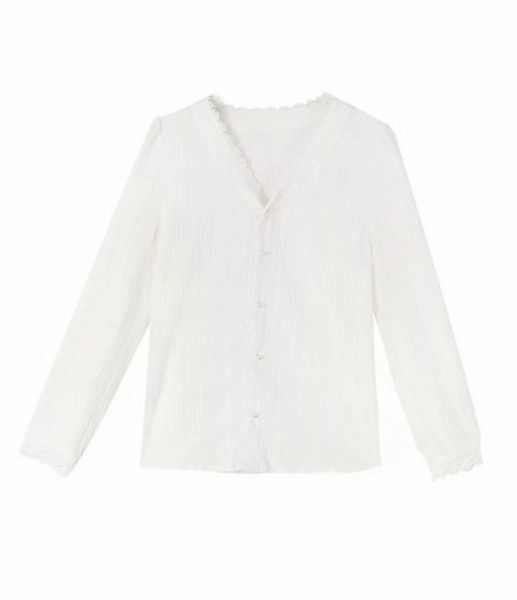 KIKI Blusentop Weißes Langarmshirt mit V-Ausschnitt und Spitze günstig online kaufen
