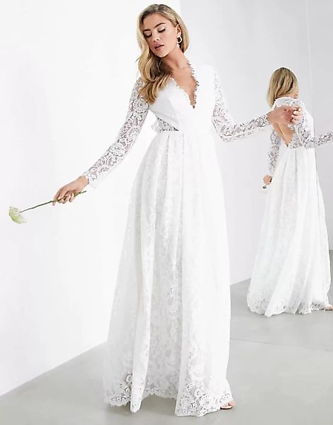 ASOS EDITION – Penelope – Rückenfreies Hochzeitskleid aus Spitze mit V-Auss günstig online kaufen