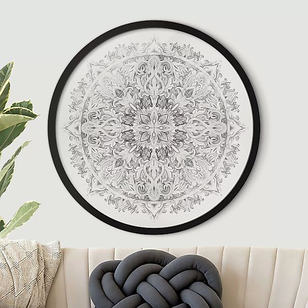 Rundes Gerahmtes Bild Mandala Aquarell Ornament schwarz weiß günstig online kaufen
