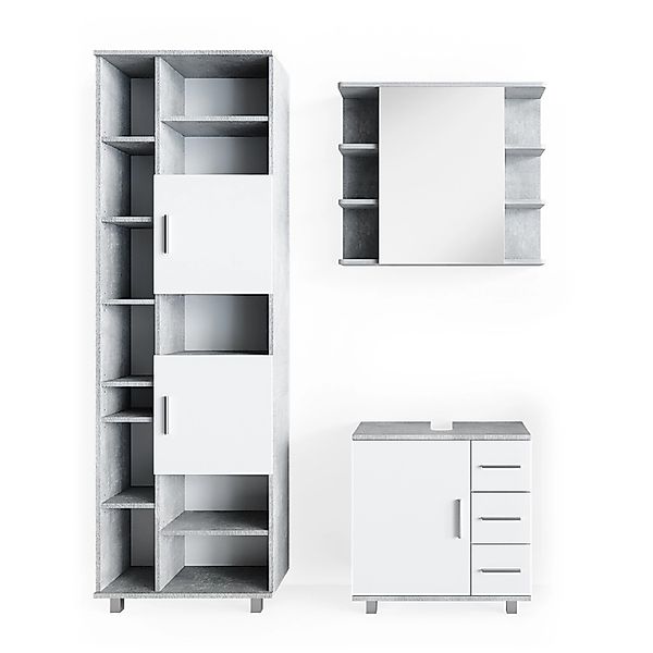 Vicco Badmöbel-Set Ilias Beton/Weiß 3 Teile mit Hochschrank günstig online kaufen