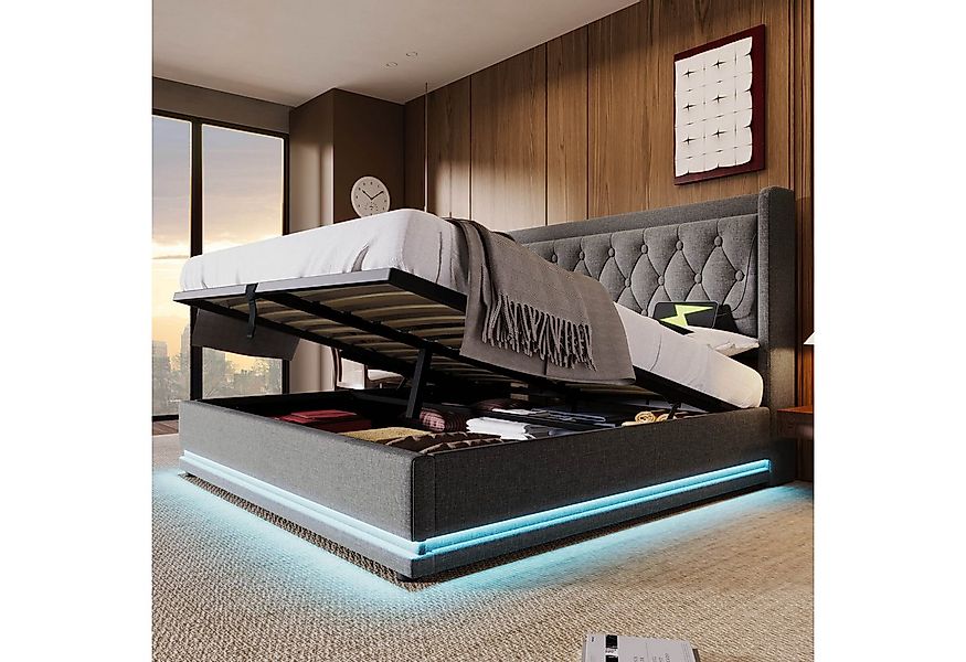 Flieks Polsterbett, LED Hydraulisches Stauraumbett Doppelbett 160x200cm mit günstig online kaufen