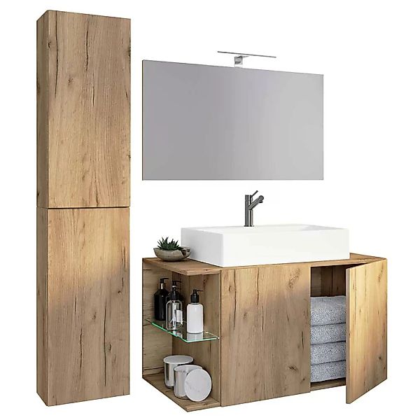 Waschplatz Set Holzoptik modern mit LED Beleuchtung die Wandmontage (dreite günstig online kaufen